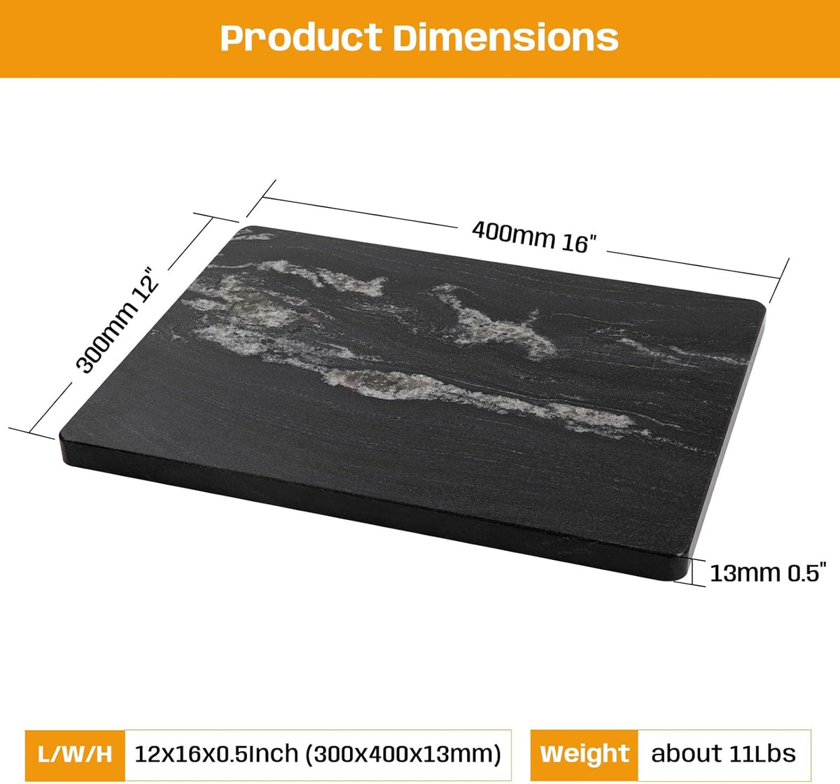 Natural Black Marble Pastry and Cutting Board, 12x16x0.7 Inch, Heavy for Dough Chocolate, Pack of 1