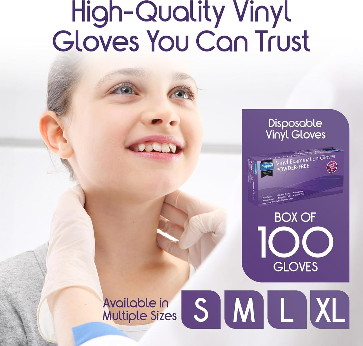 Inspire Exam Grade Powder & Latex Free Stretch Vinyl Gloves, Extra Large, 100 Count
