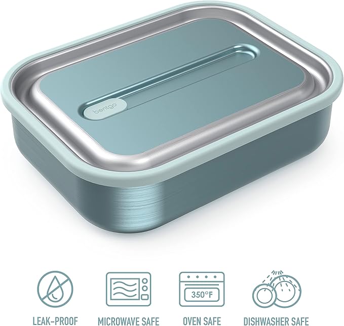 Bentgo MicroSteel Leak-Proof Lunch Box - Microwave-Safe, Oven-Safe, Bento-Style Container with Removable Divider, Airtight Lid, Sustainable Design, Odor & Stain Resistant (Aqua)
