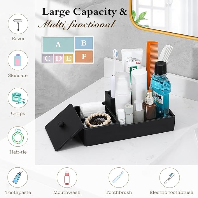 Luxspire Bathroom Counter Organizer - 5 Slot Toothbrush Holder with Lid for Cotton Balls, Q-Tips, Floss - Matte Black