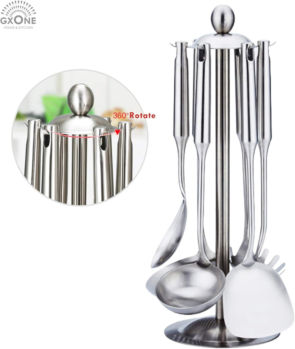 Kitchen Utensil Set – 6 Piece Stainless Steel Cooking Utensils with Rotating Holder Organizer Includes Slotted Spoon, Slotted Spatula, Large Spoon, Soup Ladle, Spatula, Pasta Server Silver/7PCS