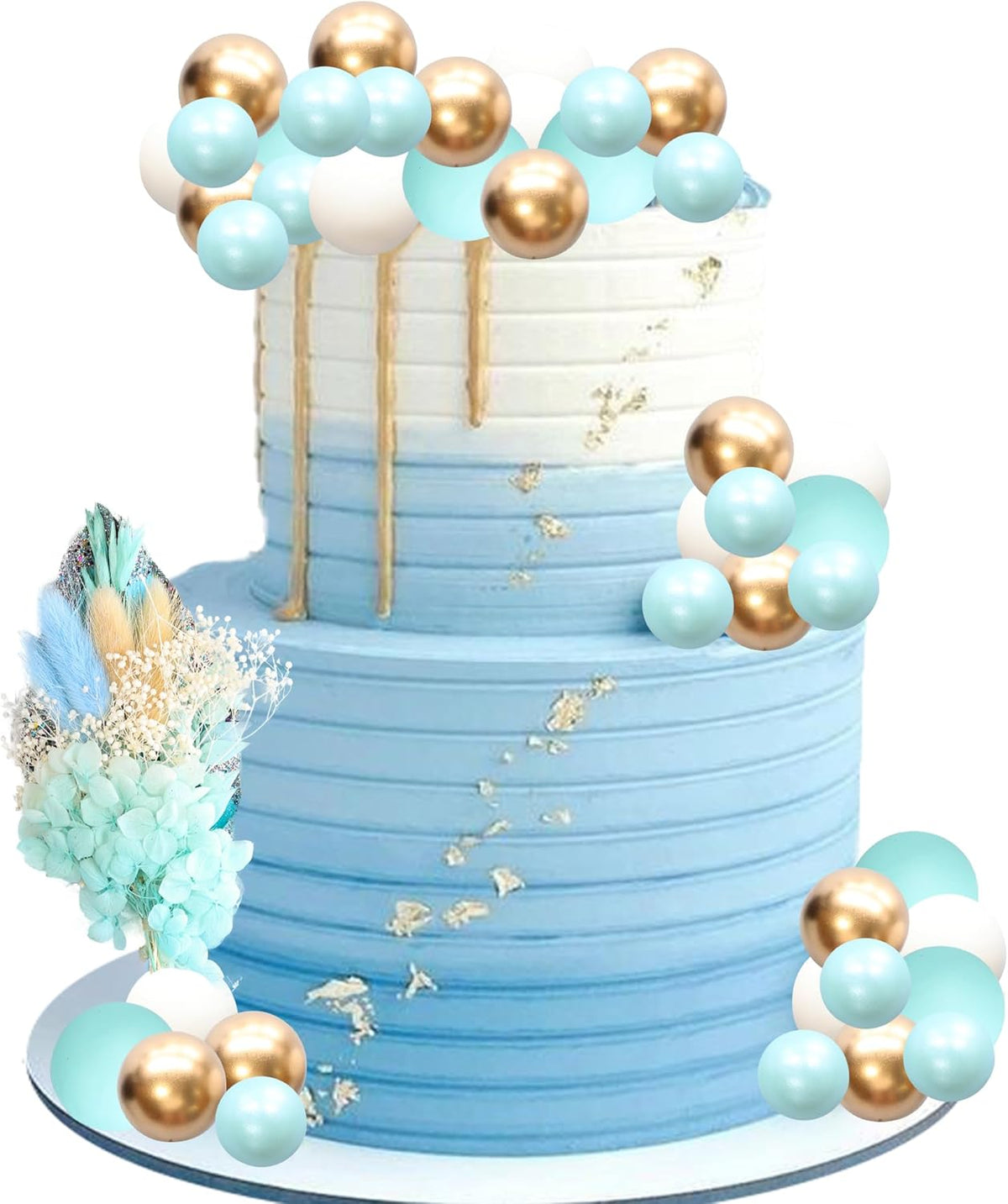 Gyufise 21 Pack Flower Boho Cake Topper Ball Cake Decorations Palm Leaves Plants Cake Decor for Girl Bohemian Princess Theme Wedding Baby Shower Birthday Party Supplies Blue