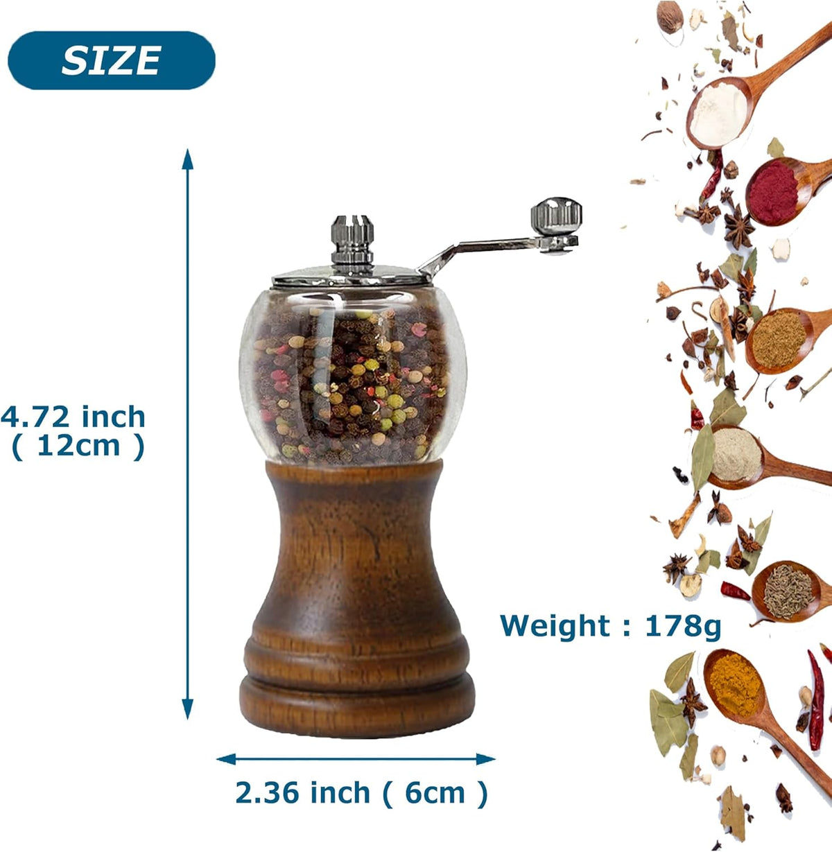 Salt and Pepper Grinder Set, Manual Pepper Grinder with Crank Handle, Adjustable Coarseness Pepper Grinder, Refillable for Sea Salt Black Pepper, Enjoy Fresh Ground Pepper Salts & Spices, Black-2-5in