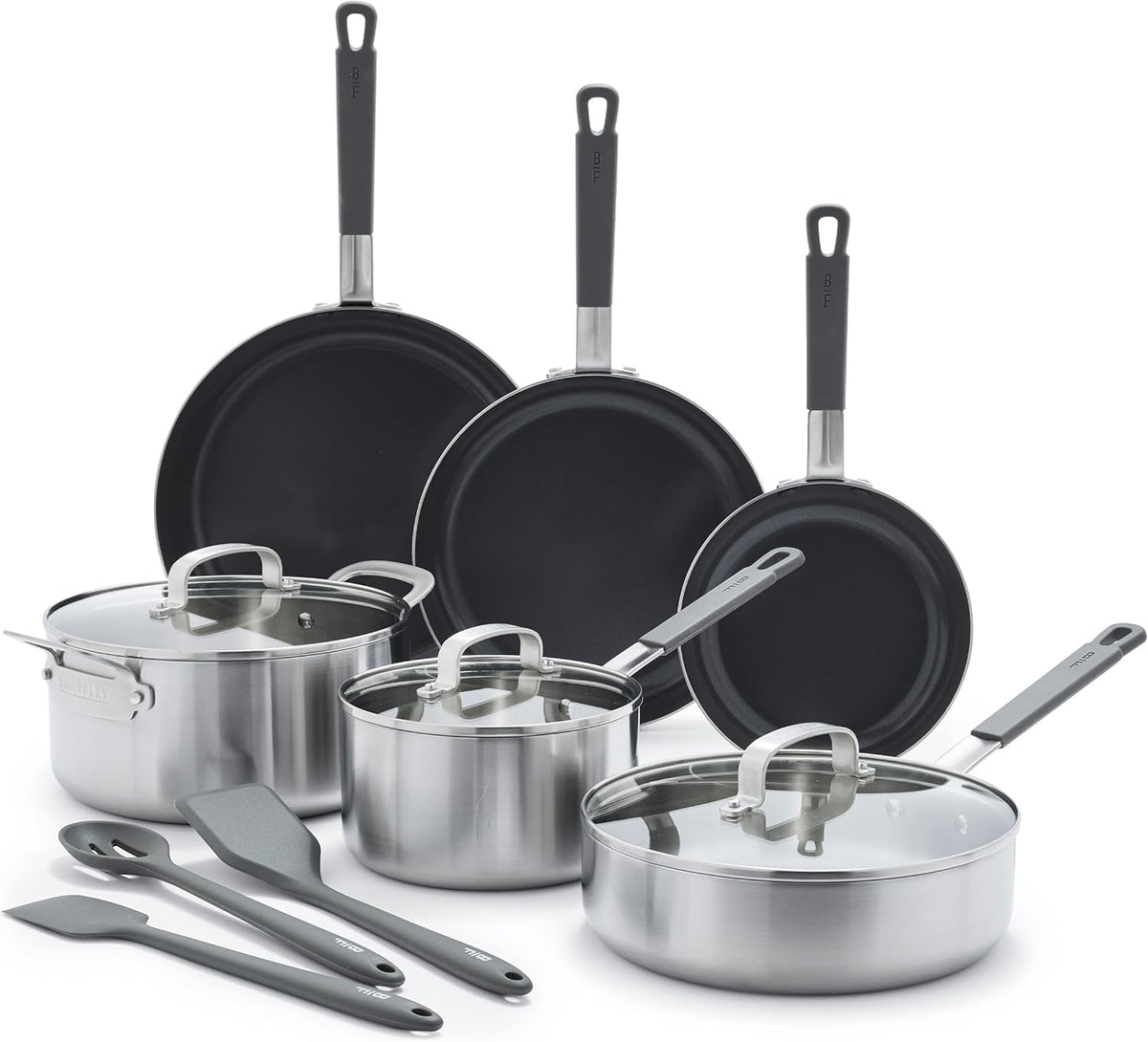 GreenPan x Bobby Flay Stainless Steel 12 Piece Cookware Pots & Pans Set, Professional Grade Tri-Ply, Multiclad, PFAS-Free Ceramic Nonstick, Induction Suitable, Dishwasher & Oven Safe,Stay Cool Handles