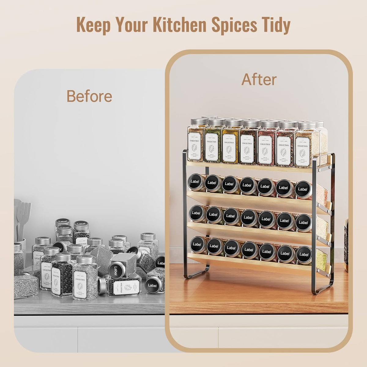 MUDEELA 4 Tier Spice Rack Organizer for Cabinet, Wooden Vertical Spice Shelf, Seasoning Organizer for Countertop, Kitchen, Pantry, Freestanding, 13.4" W × 11.2" H (No Jars Included), Black