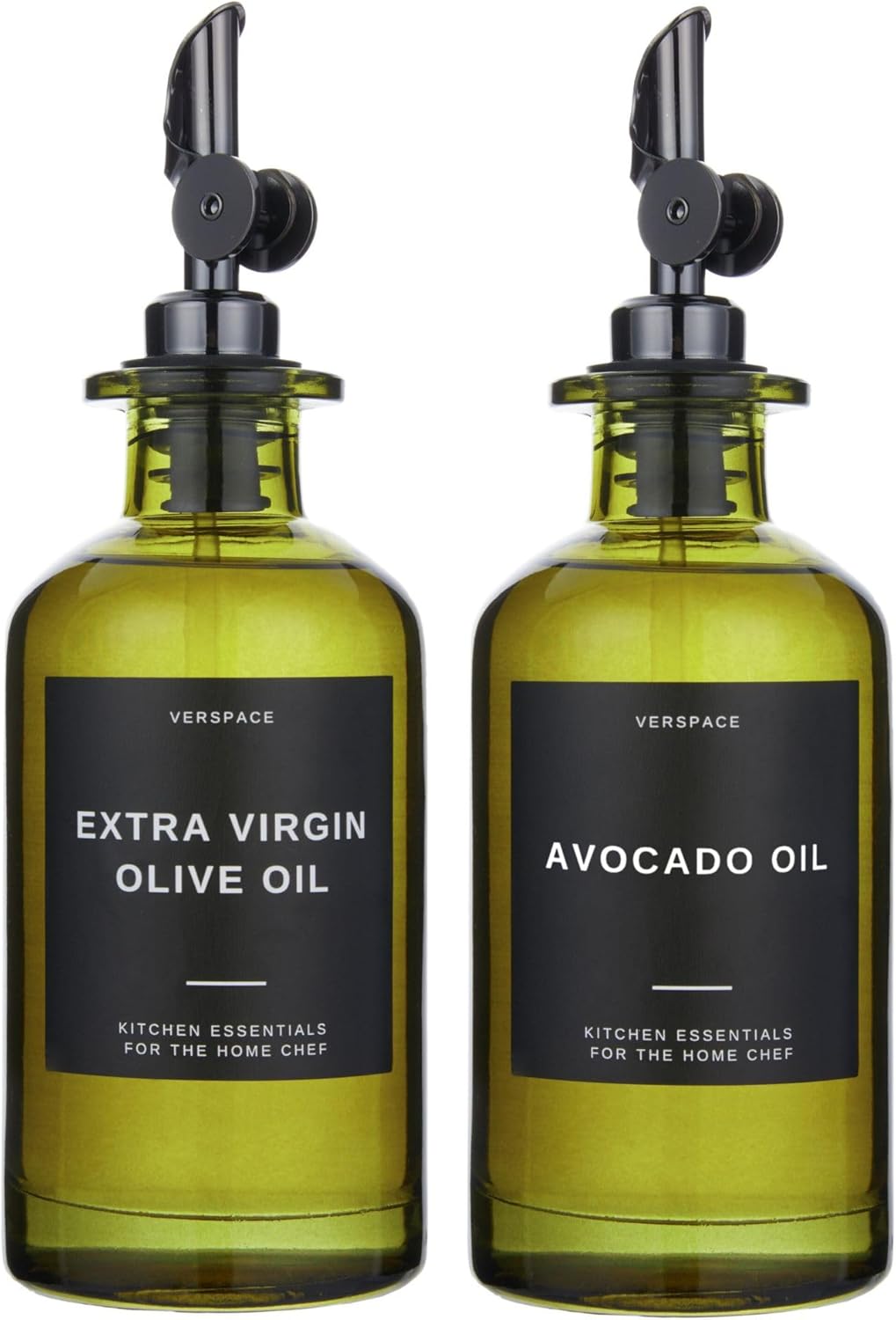 Green Glass Olive Oil Dispenser Bottle For Kitchen By Verpsace,Avocado Oil Dispenser Set, Modern Decor, Gold Kitchen Accessories for Home, Airbnb, Cafe (Black, Set of 2)