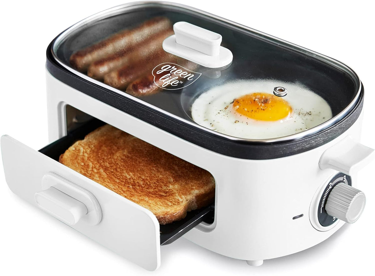 GreenLife 3-in-1 Breakfast Maker Station, Healthy Ceramic Nonstick Dual Griddles for Eggs Meat Sausage Bacon Pancakes and Breakfast Sandwiches, 2 Slice Toast Drawer, Easy-to-use Timer, White