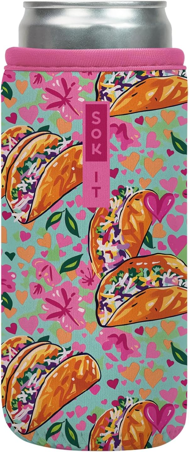 Sok It CanSok Sleeve for Beer & Soda Insulated Neoprene Cover (Taco 'Bout, 12oz Slim Can Sleeve)
