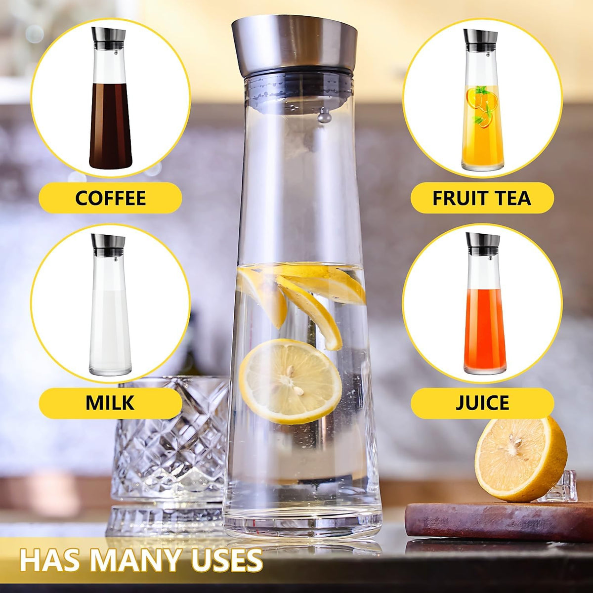 Glass Water Carafe with Lid,1200ml Glass Juice Pitcher with Stainless Steel Gravity Lid,Clear Water Pitcher for Ice Tea, Lemonade, Coffee,Juice Beverage,40 oz