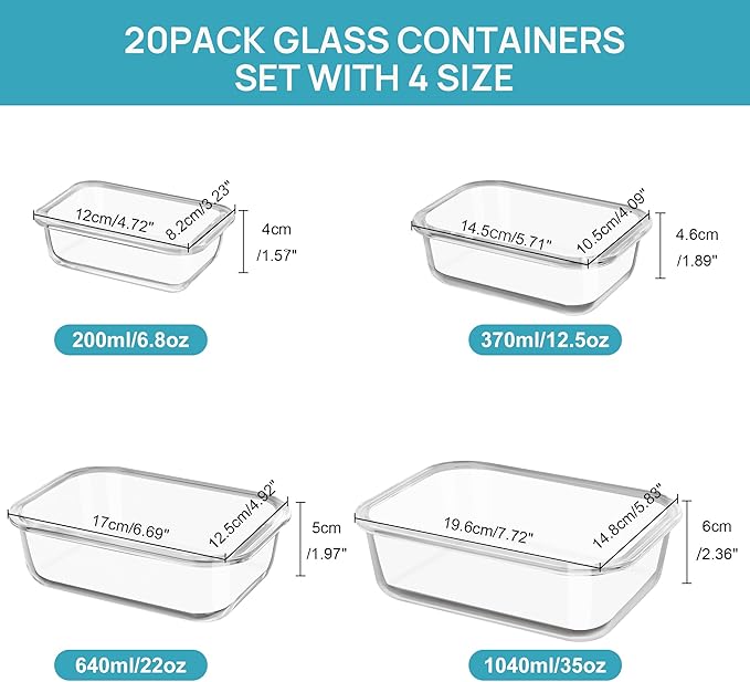 Vtopmart 20Pack Glass Food Storage Containers with Lids, Meal Prep Containers, Airtight Lunch Containers Bento Boxes with Snap Locking Lids, for Microwave, Oven, Freezer and Dishwasher