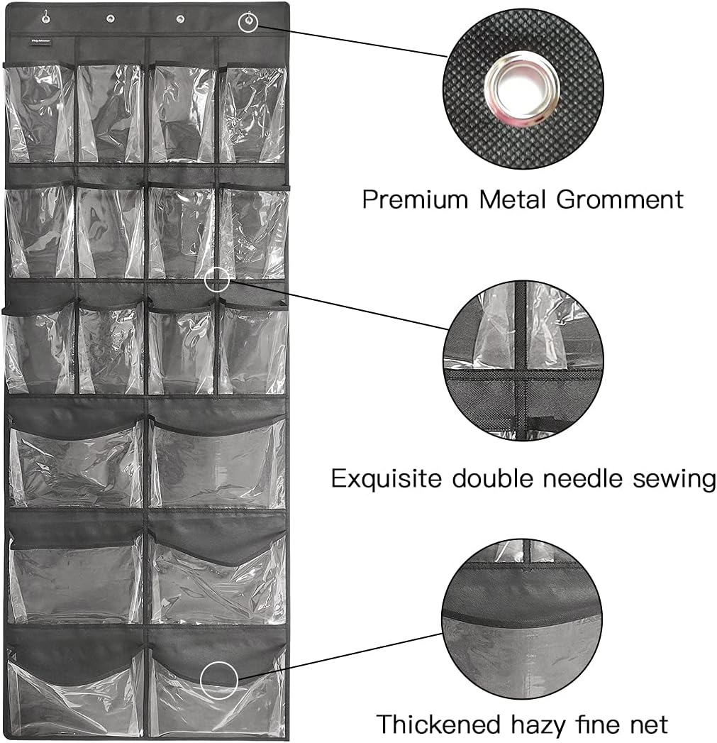Extra Large Hanging Over Door Shoe Organizer, Closet Shoe Rack - 12+6 Crystal Pockets, 4 Hooks, Black (59"x 21.6")