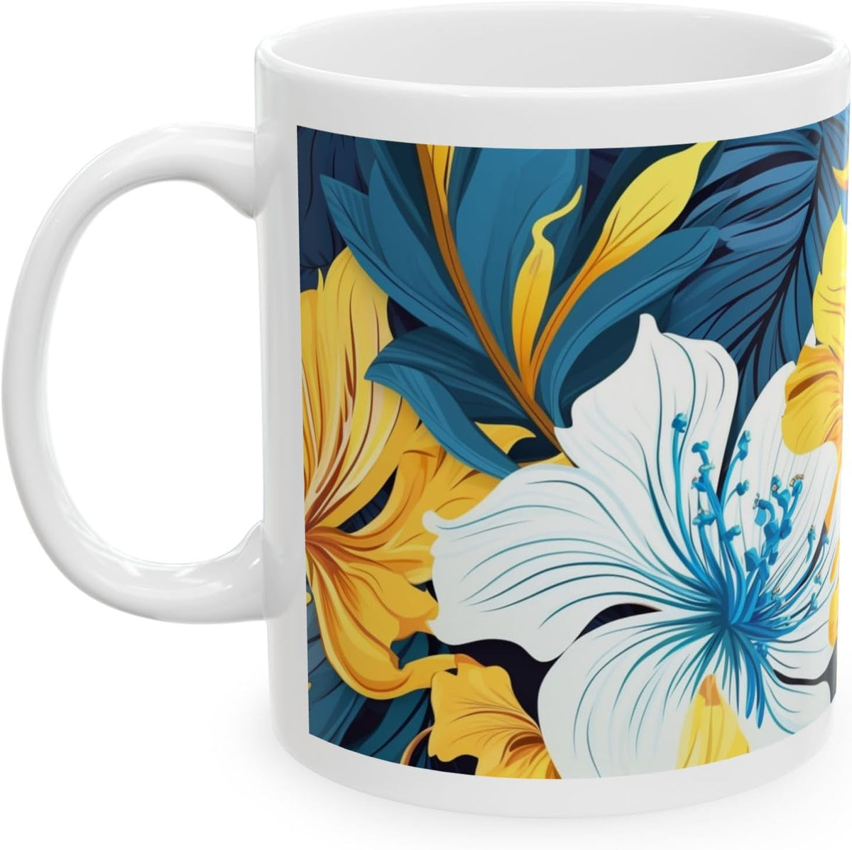 11 OZ Novelty Coffee Mugs - Christmas Gift (White & Yellow Flower Mug)