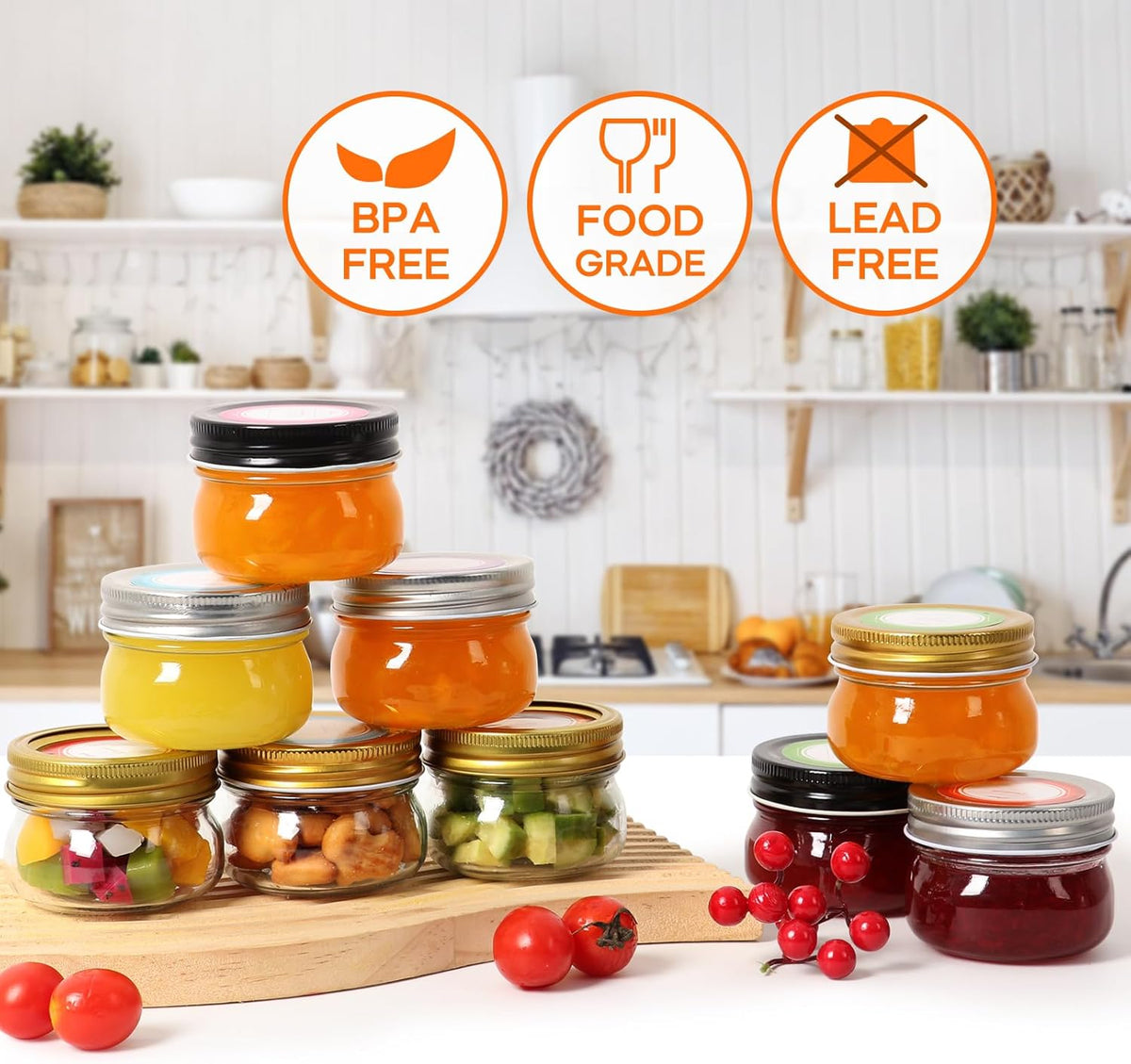 4 oz Mason Jars With Gold Lids, 24 Pack Regular Mouth Canning Jars for Jam, Honey, Yogurt, Spices, Snacks, DIY Projects, Wedding Favors- Includes 30 Stickers