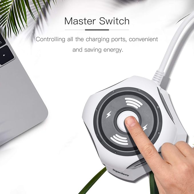 10ft Power Strip Tower Wireless Charger SUPERDANNY Surge Protector Extension Cord 10A 9-Outlet 4.5A 4 USB Electrical Charging Station Universal Socket for Laptop Phone White and Gray
