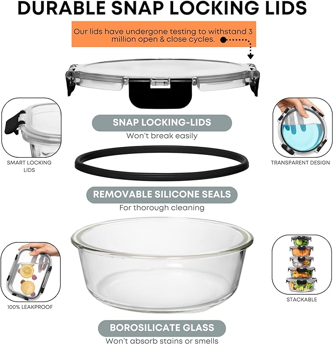 Razab 30 PC Glass Food Storage Containers with Lids - Reusable Glass Meal Prep Containers for Lunch and Leftovers - Airtight & Leakproof Snap Locking Lids - Oven, Freezer, Microwave, Dishwasher Safe