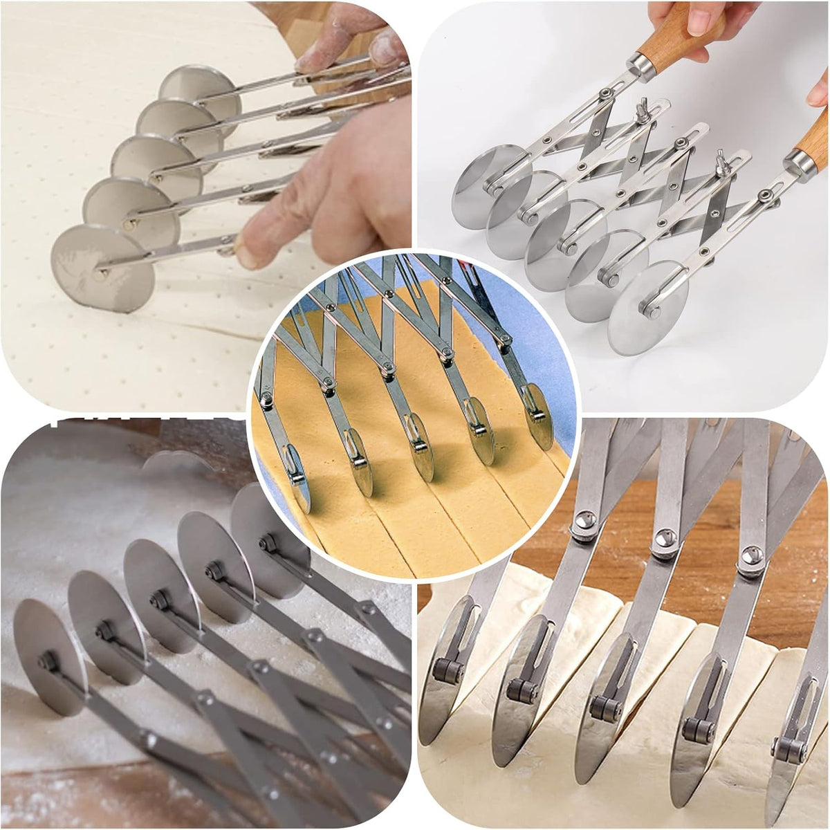 Juome 5 Wheel Pastry Cutter with Wooden Handle, Multi-Round Wheel Pasta Dough Cutter Roller Pizza Slicer Accordion Pastry Knife Divider Tool