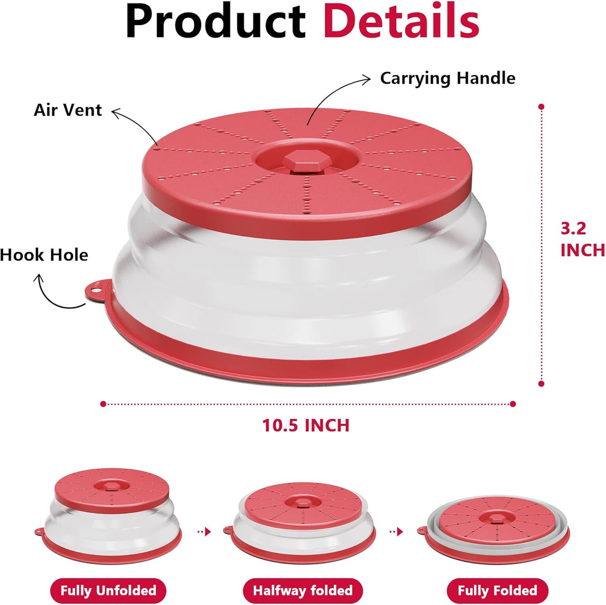 WVM Microwave Splatter Cover Vented for Food with Hook Hole, Splatter Guard & Colander Kitchen Gadget for Food, Meal Prep, Red