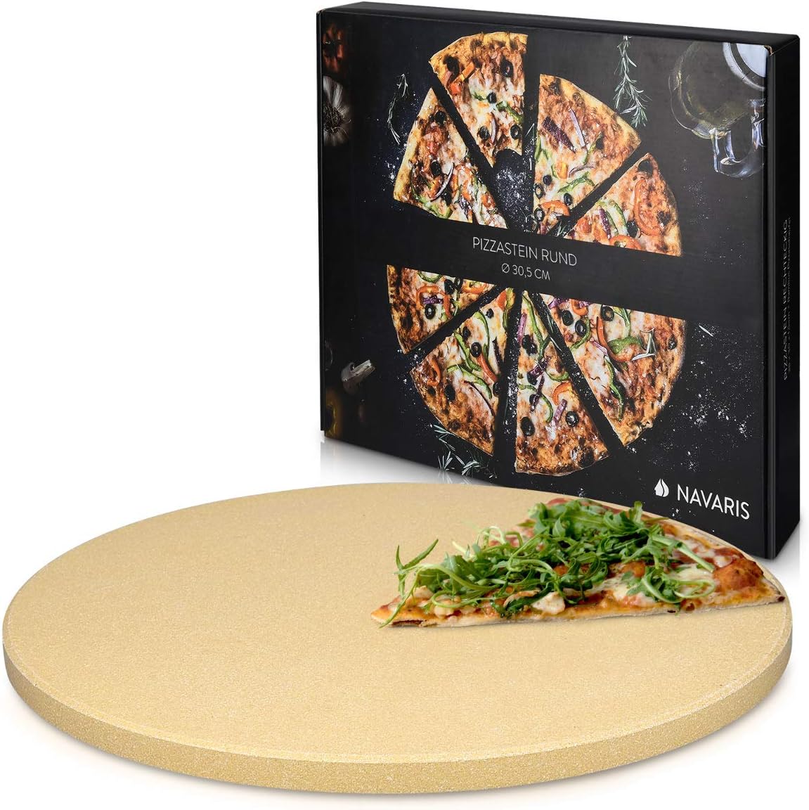 Navaris XL Pizza Stone for Baking - Cordierite Pizza Stone Plate for BBQ Grill Oven - Cook Serve Pizza, Bread - Incl. Recipe Book - Round, 12" x 0.6"
