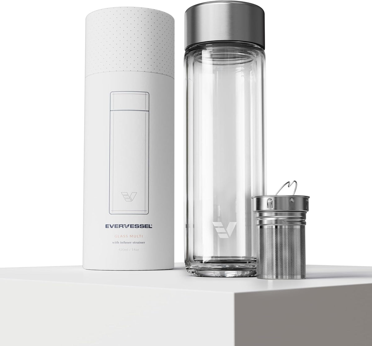 Glass Multi Tea Infuser Bottle 14oz - Double Wall Borosilicate Glass Flask | No Plastic Touches Contents | Perfect for Office or Home