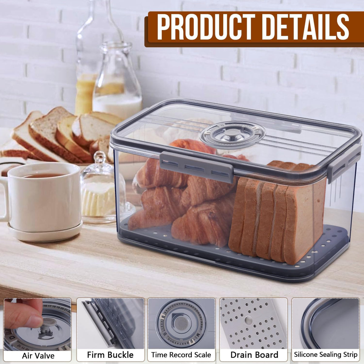 2Pcs Bread Box Bread Boxes for Kitchen Counter Airtight, Double Time Recording Bread Storage Container with Lid, 2 Bread Keeper for Homemade Bread, Toast, Bagel, Donut and Cookies, Grey