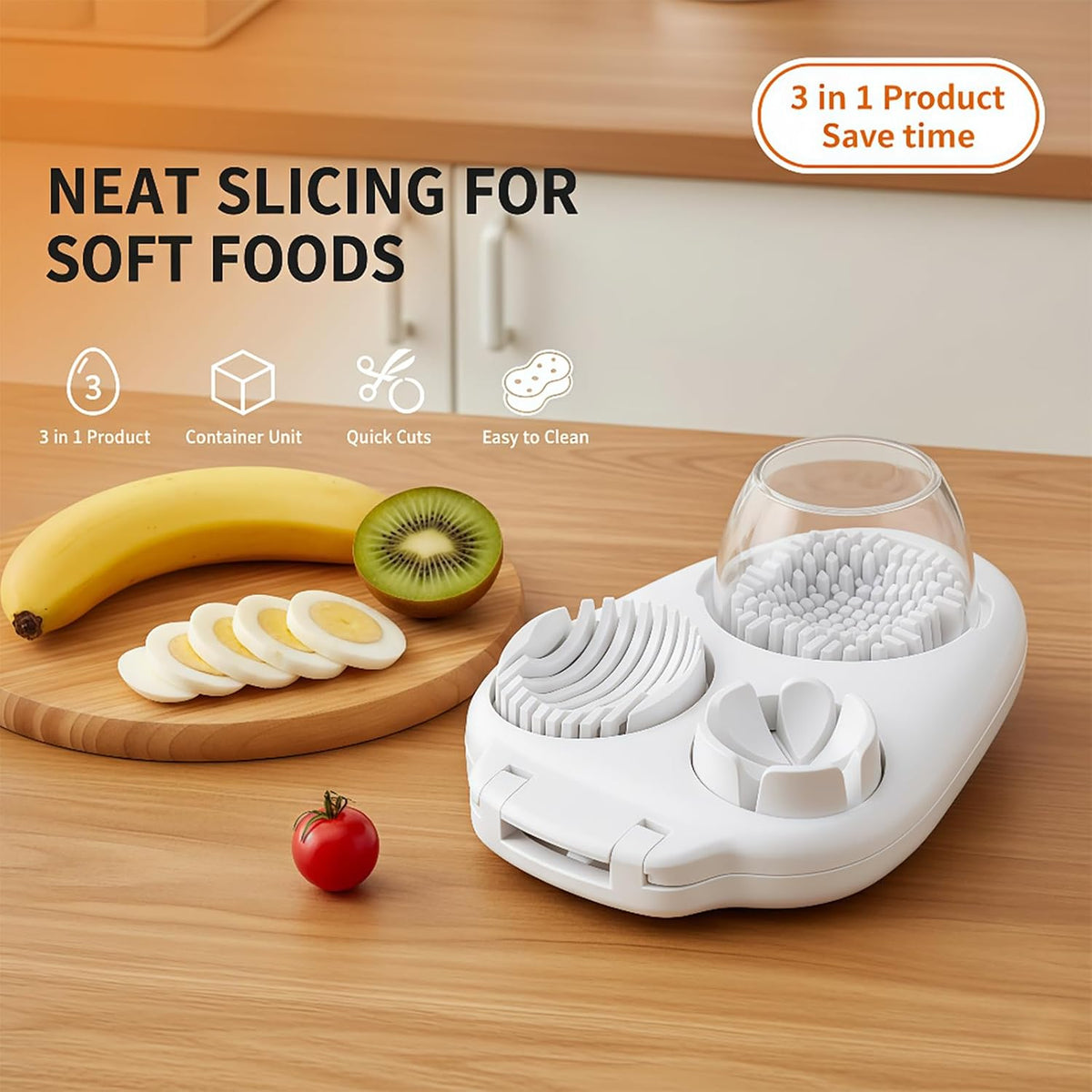 3 in 1 Egg Slicer Dicer & Cuber for Hard Boiled Eggs - Heavy Duty Stainless Steel, 3 Slice Modes Kitchen Gadget for Strawberry, Grape, Cherry Tomato - Easy to Clean, Dishwasher Safe (White)