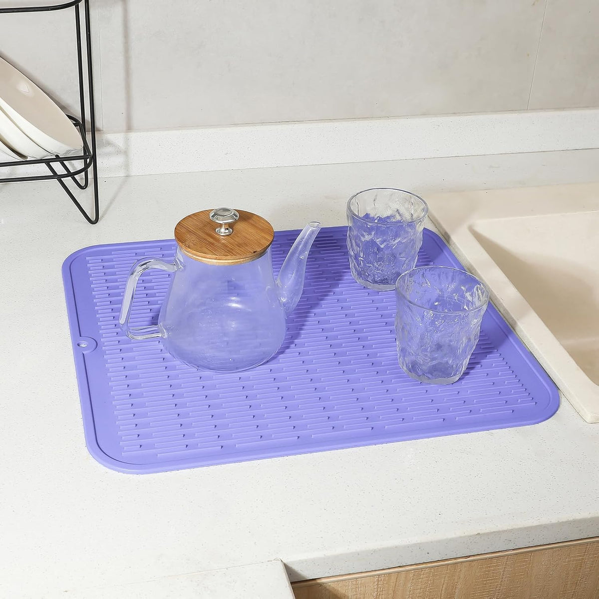 Silicone Dish Drying Mat for Multiple Usage,Easy clean,Eco-friendly,Heat-resistant Silicone Mat for Kitchen Counter or Sink,Refrigerator or Drawer Liner Light Purple 2XL 24 inches x 18 inches