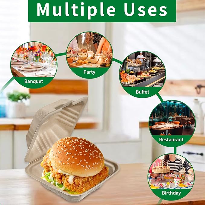 Aricsen Compostable 100 Pack 6x6 Inch Disposable Square Small Lunch Box Takeout Containers with Lid To Go Take Out Clamshell for Food, Eco-Friendly Biodegradable Bagasse, PFAS-Free, Unbleached Brown
