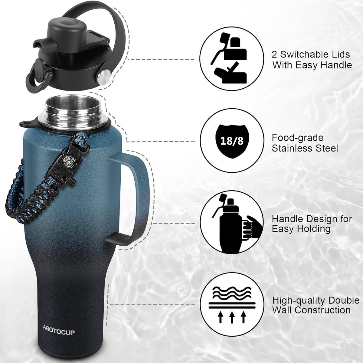 Water Bottle 40oz, Insulated Tumblers with Handle & Straw Lid, Insulated Water Bottle Fits in Cup Holder, Double Wall BPA-Free, Stainless Steel Travel Cup Leak-proof to Keep Cold 24H&Hot12H
