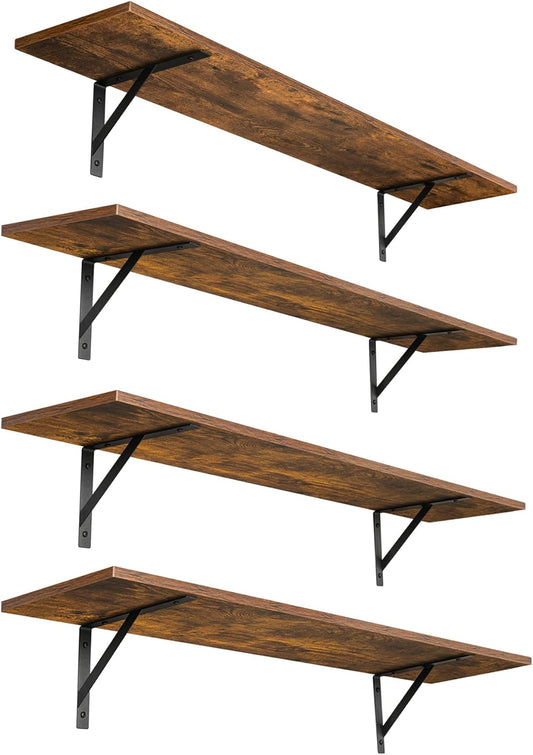 DINZI LVJ Long Wall Shelves, Set of 4, 47.3Inch Wall Mounted Shelves, Extra Large Storage Ledges with Sturdy Metal Brackets for Living Room, Bathroom, Bedroom, Kitchen, Rustic Brown