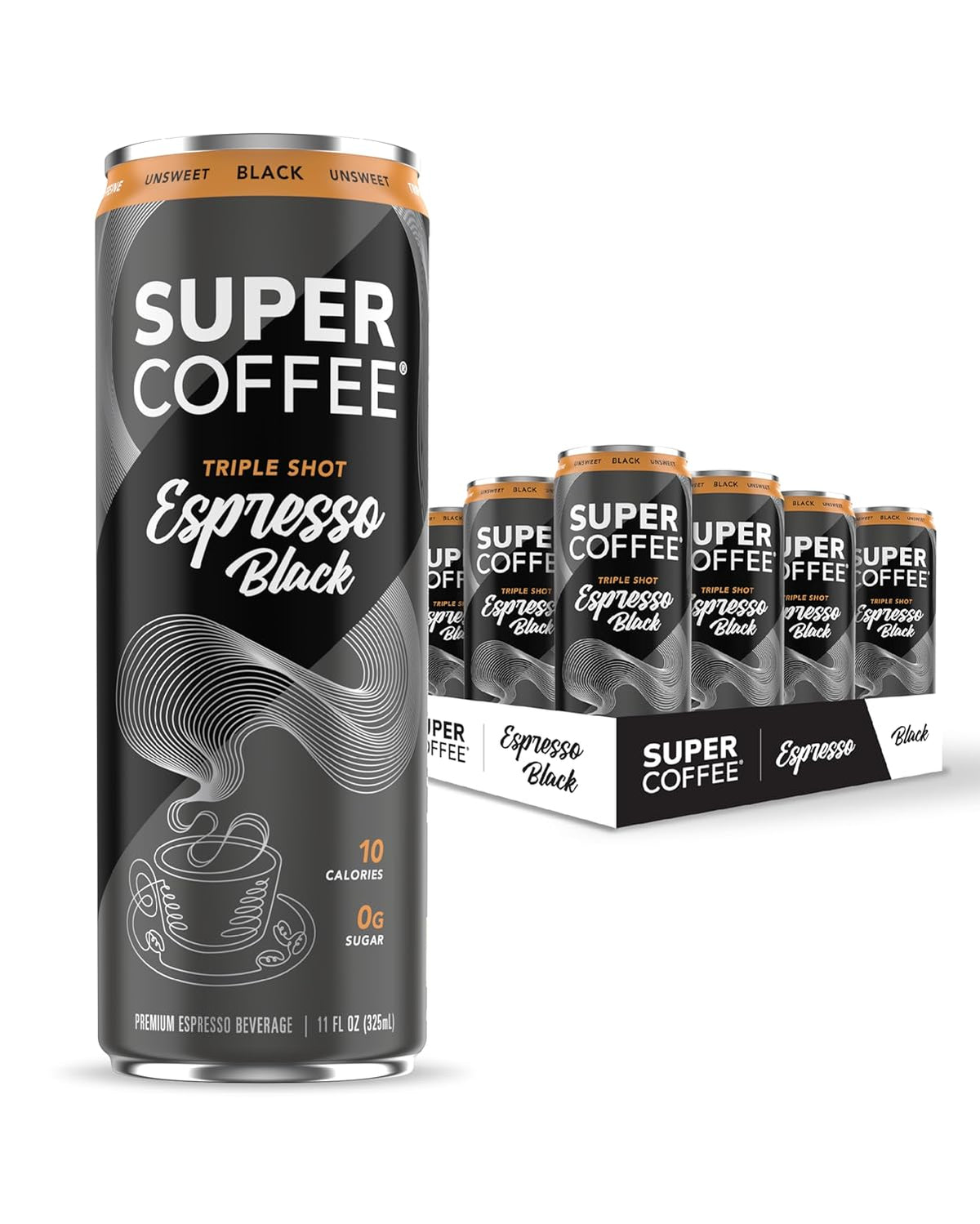SUPER COFFEE Espresso, Iced Keto Coffee (0g Added Sugar, 10 Calories) [Triple Shot Black] 11 Fl Oz, 12 Pack | Cold Brew, Smart Coffee Drinks - SoyFree GlutenFree