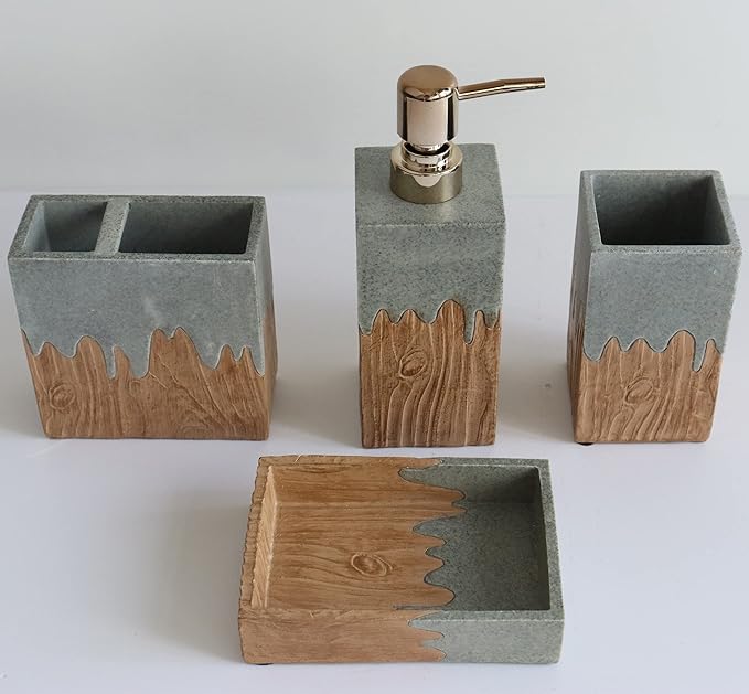 Hymmah Bathroom Accessories Set,Wooden Design Toothbrush Holder,Farmhouse Bathroom Decor,4 Pcs Resin Gift Set Apartment Necessities, Contain Toothbrush Cup,Soap Dispenser,Soap Dish,Tumbler
