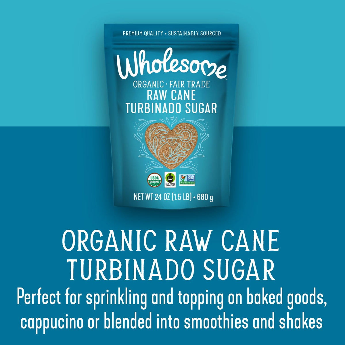 Wholesome Sweeteners 24-Ounce Organic Raw Cane Turbinado Sugar, Fair Trade, Non GMO, Gluten Free & Vegan, 12 Pack