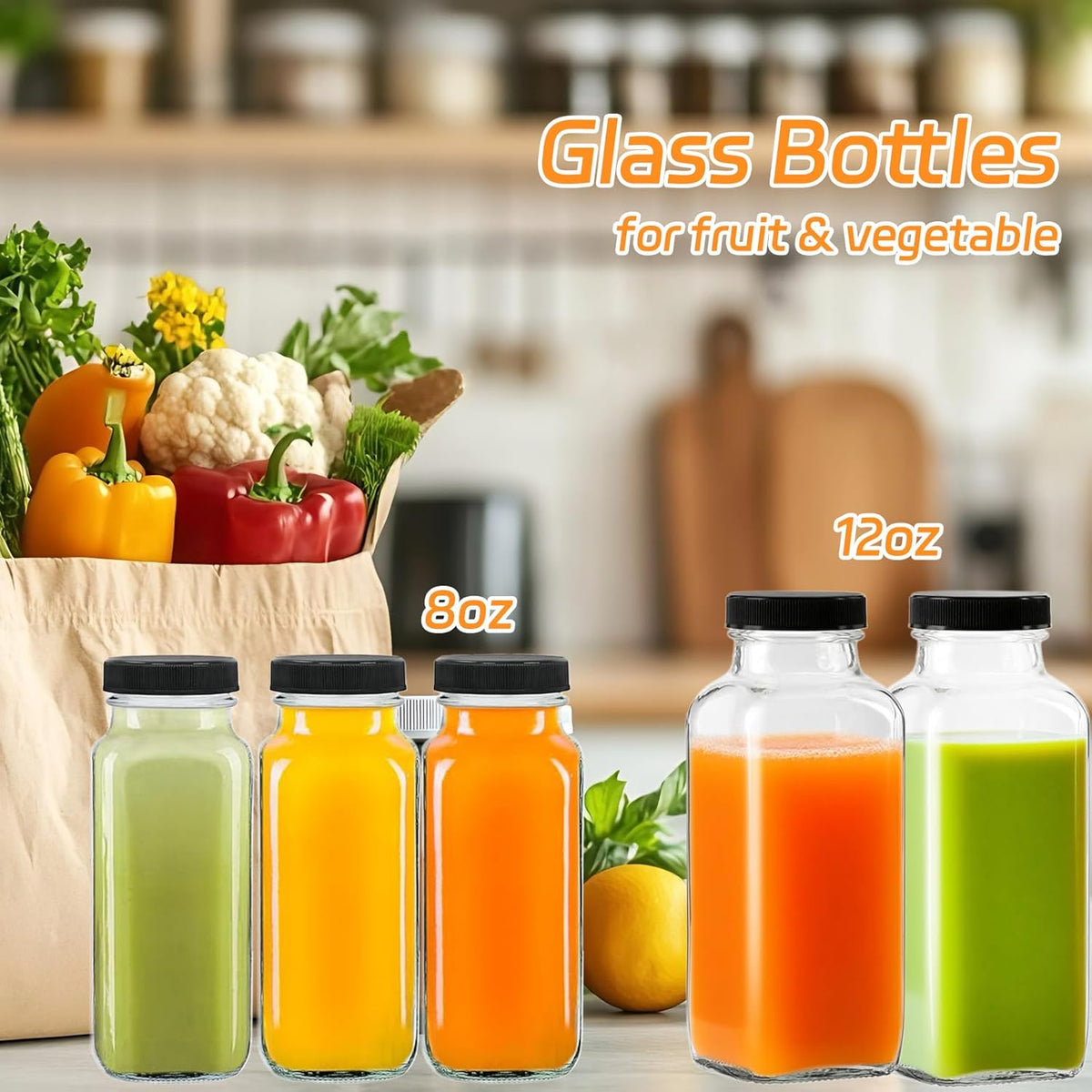 3 Pack 12oz Glass Drink Bottles with Lids, 360ml Vintage Glass Water Bottles with Caps, Reusable Juice Containers Drinking Jars for Juicing, Milk, Ginger, Kombucha, Beverage