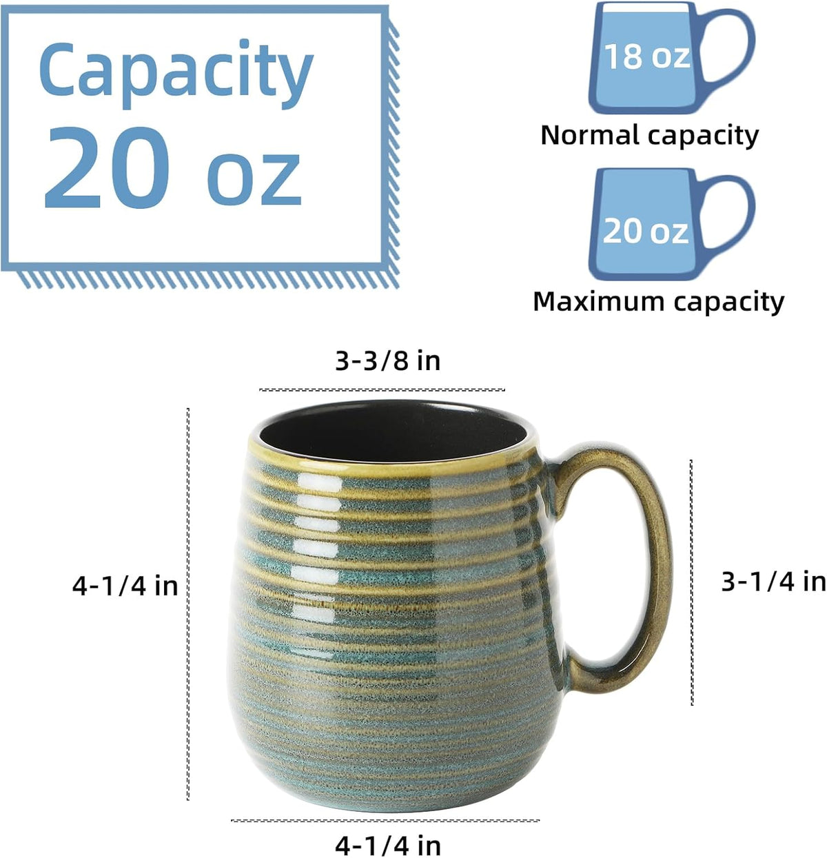 20 oz Large Ceramic Coffee Mugs set of 2, Coffee Mugs for Women and Men, Big Tea Cups, Large Handle Mugs for Office and Home, Microwave and Diahwasher Safe (Green with Stripes, 2PCS)