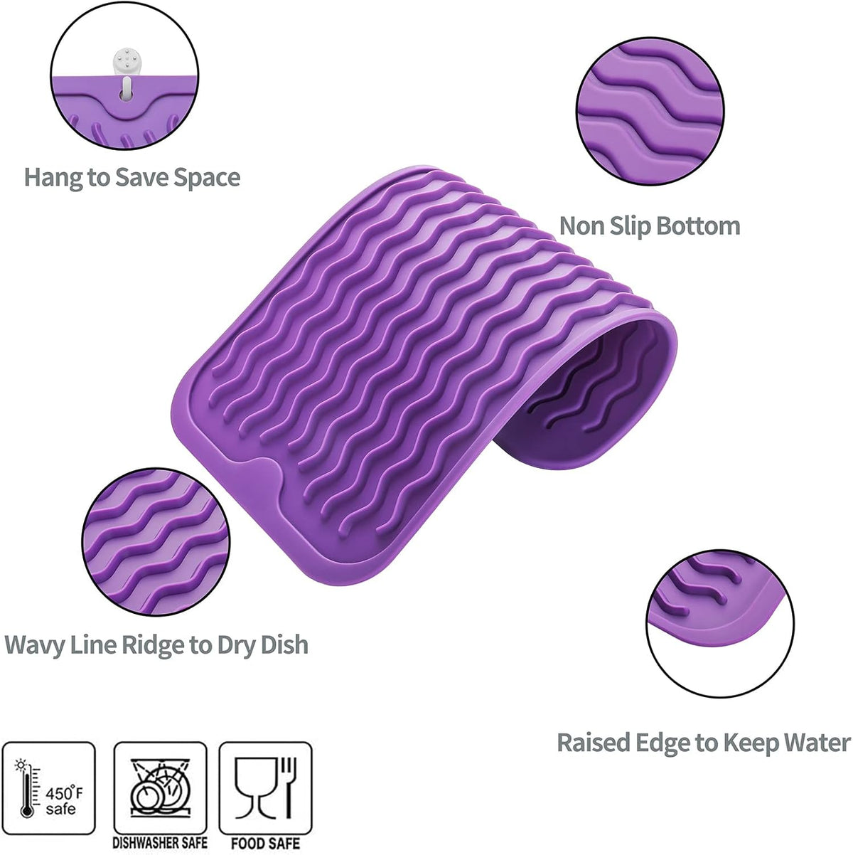 Silicone Dish Drying Mat for Multiple Usage,Easy clean,Eco-friendly,Heat-resistant Silicone Mat for Kitchen Counter or Sink,Refrigerator or Drawer Liner Purple S 12 inches x 6 inches