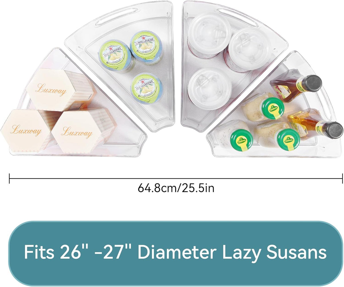 Oubonun Lazy Susan Organizers Set of 6, 10.2”x 9.4”x 4” Plastic Transparent Kitchen Cabinet Storage Bins with Handle, 4" Deep Container, 1/8 Wedge - Food Safe, without BPA