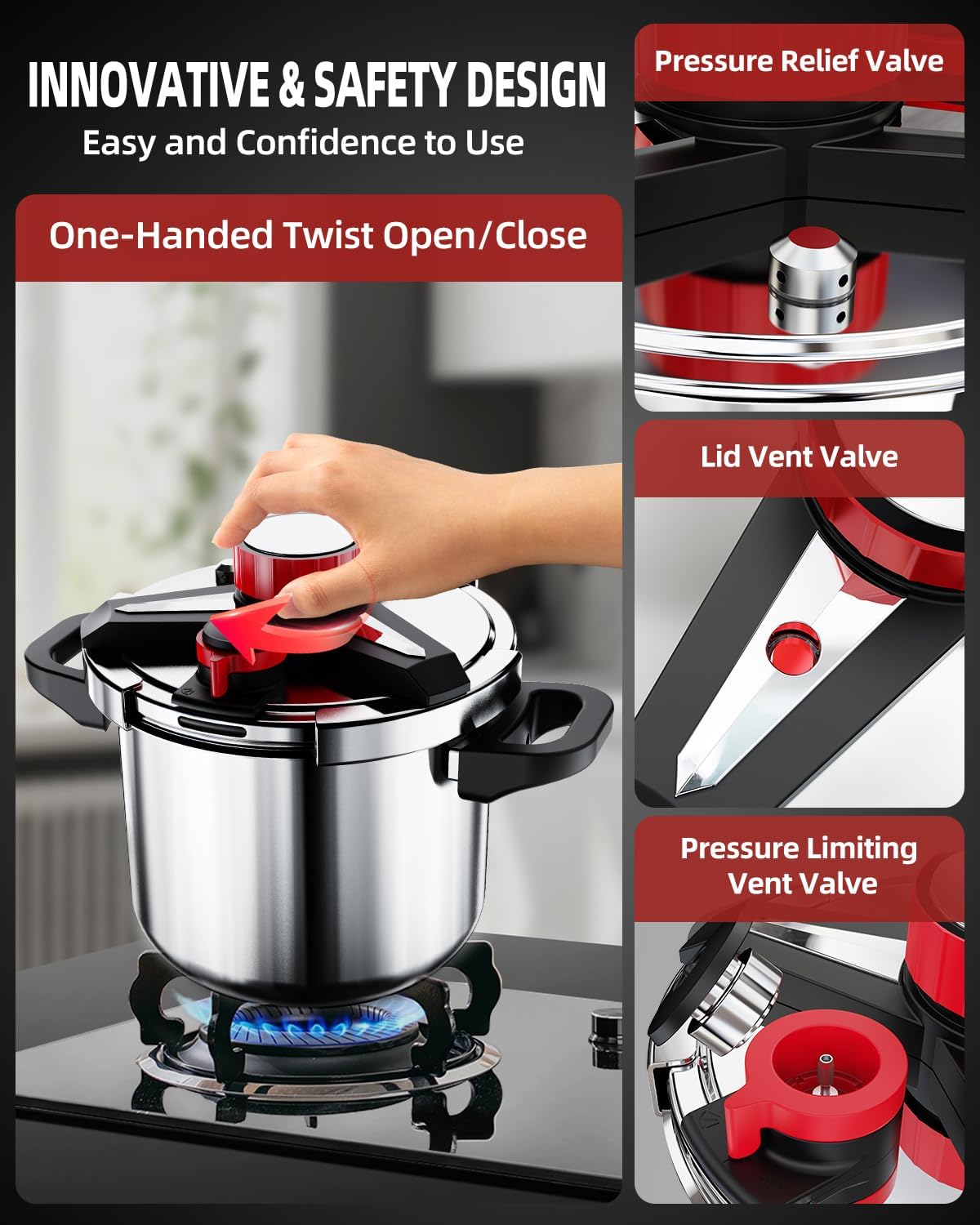3-In-1 Stainless Steel Pressure Cooker 8 QT: [Save 70% Time] [3 PSI Settings], One-Hand Locking, Induction Compatible, Glass Lid & Steamer Rack Included, Olla de Presion
