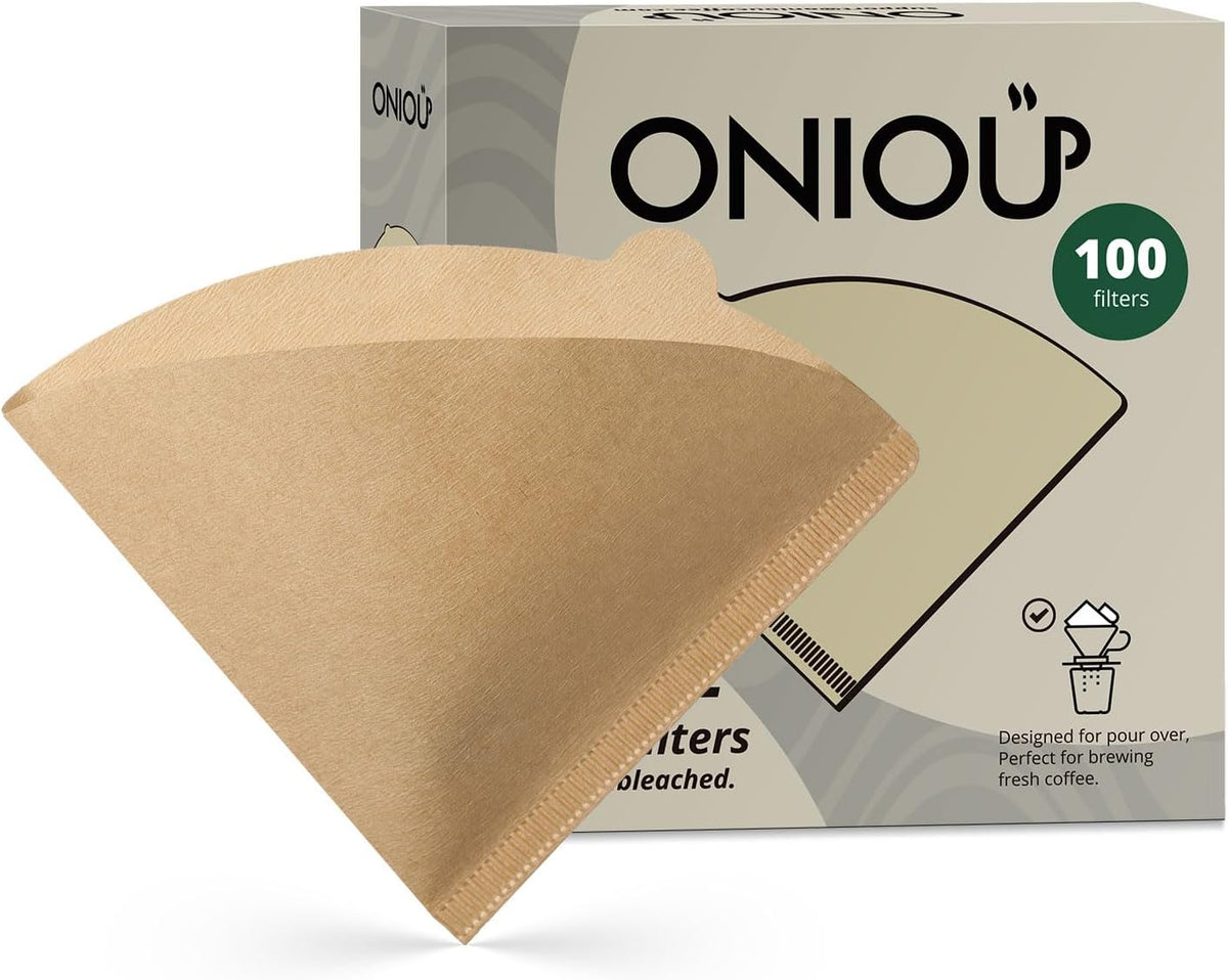 V60 Coffee Filters 02, ONIOU Unbleached Size 02 Cone Coffee Filters, 100 Count Natural Brown Pour Over Paper Filters for Hario V60 & Others 1–4 Cup Coffee Dripper