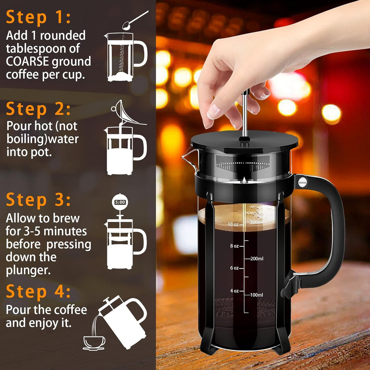 French Press Coffee Maker 304 Stainless Steel Coffee Press,with 4 Filters System, Heat Resistant Thickness Borosilicate French Press Glass, BPA-Free Brewed Tea Pot Coffee Plunger(Copper 12oz)
