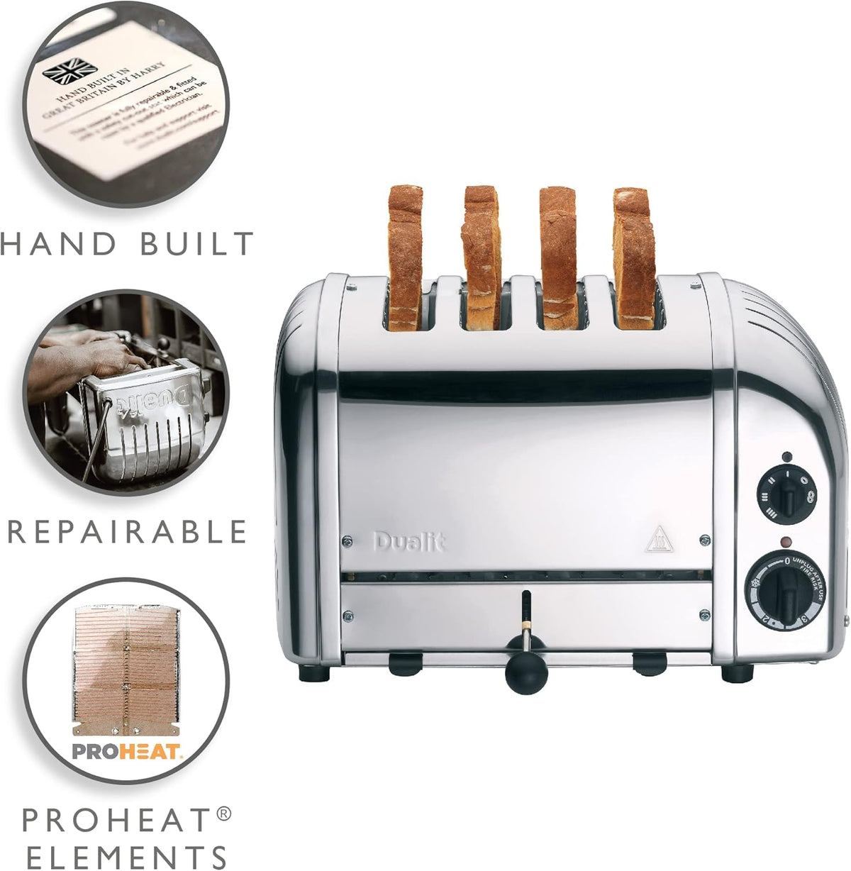 Dualit Classic 4 Slice NewGen Toaster - Stainless Steel - Hand Built in the UK - Replaceable ProHeat elements - Defrost Bread - Mechanical Timer - Polished Classic Toaster