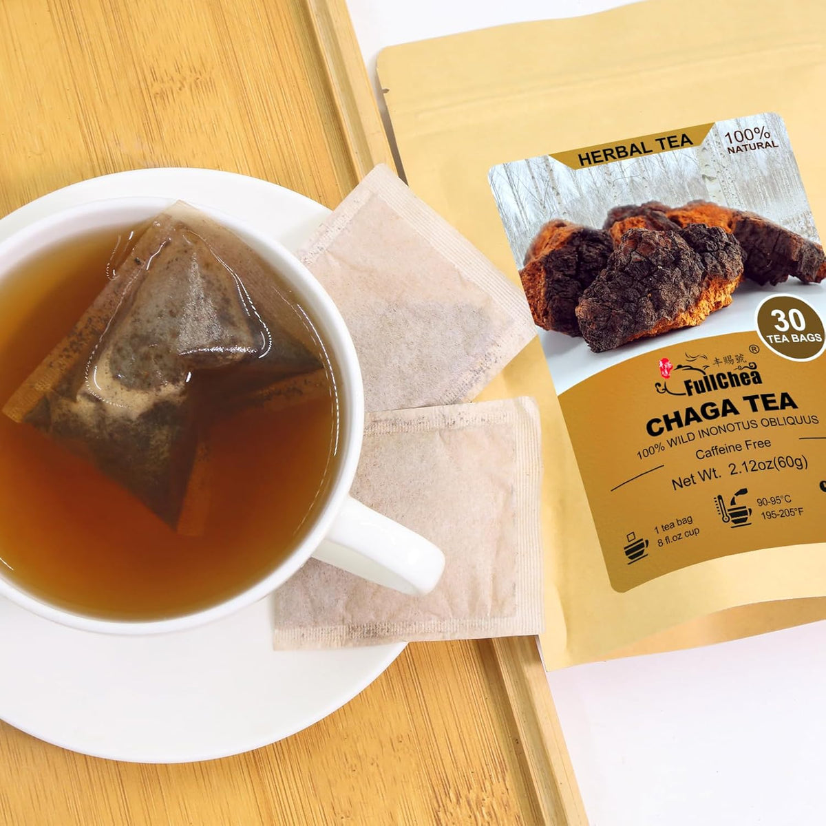 FullChea - Chaga Tea Bags, 30 Teabags, 2g/Bag - Premium Chaga Mushroom Tea - Non-GMO - Caffeine-Free - Rich in Antioxidants & Aid in Digestion
