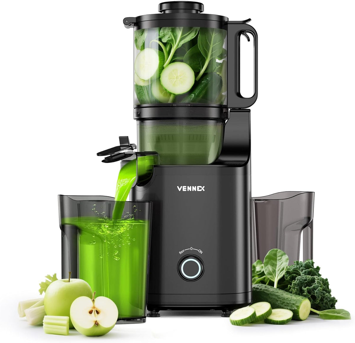VENNXE Cold Press Juicer, Masticating Juicer with 5.7" Large Feed Chute for Whole Vegetables and Fruits, Dual Auger Juice Extractor Machines for High Juice Yield, Easy to Clean and Assemble, Black