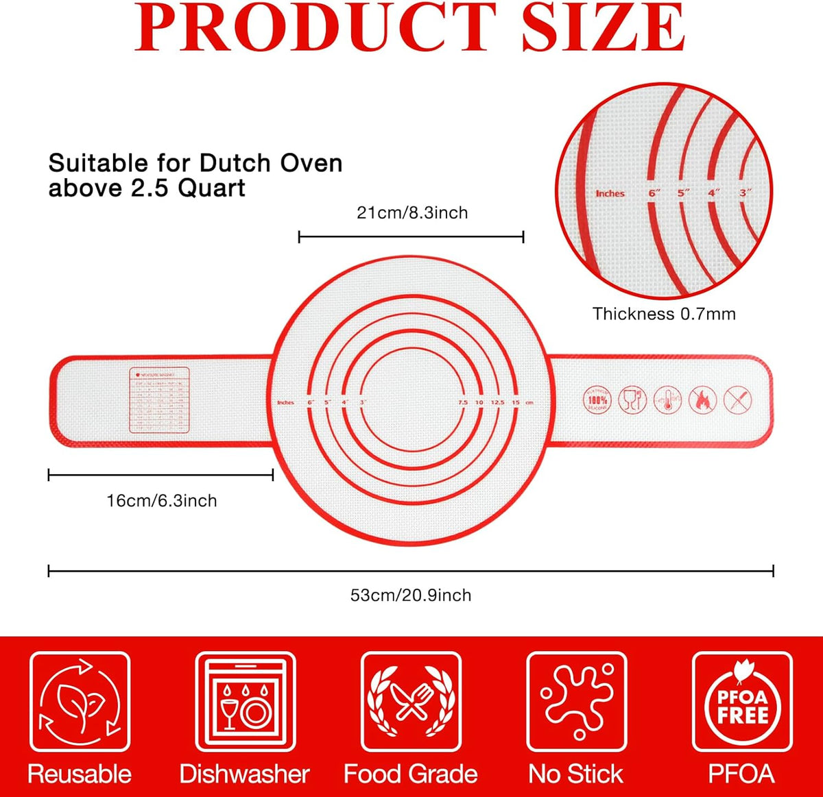 Silicone Bread Sling Dutch Oven Liners Sourdough Bread Baking Supplies Baking Mat With Extra Long Handles for Transfer Dough Pastry Pizza Non-Stick Reusable Heat Resistant 8.3 Inch 2 Pack