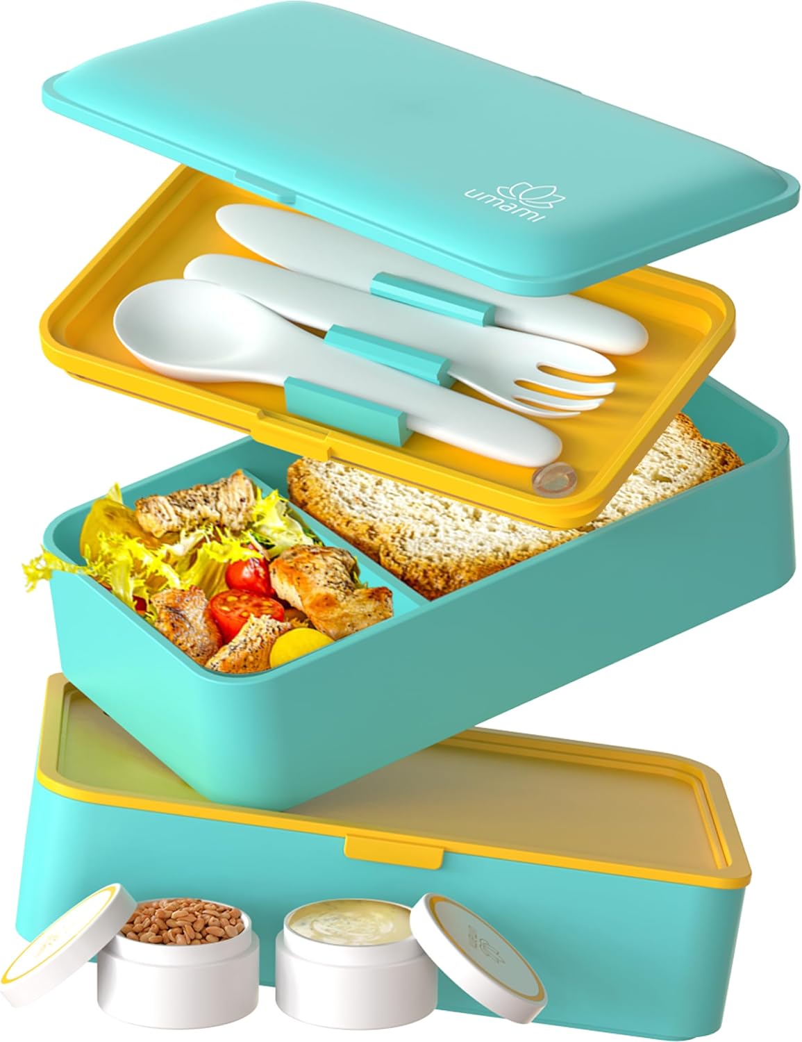 Umami Bento Box Adult All-in-1 w/ 4 Utensils, 100% Leakproof, Dishwasher & Microwave Safe Lunch Containers for Adults w/ 4 Compartments, Fresh Turquoise, 40 oz