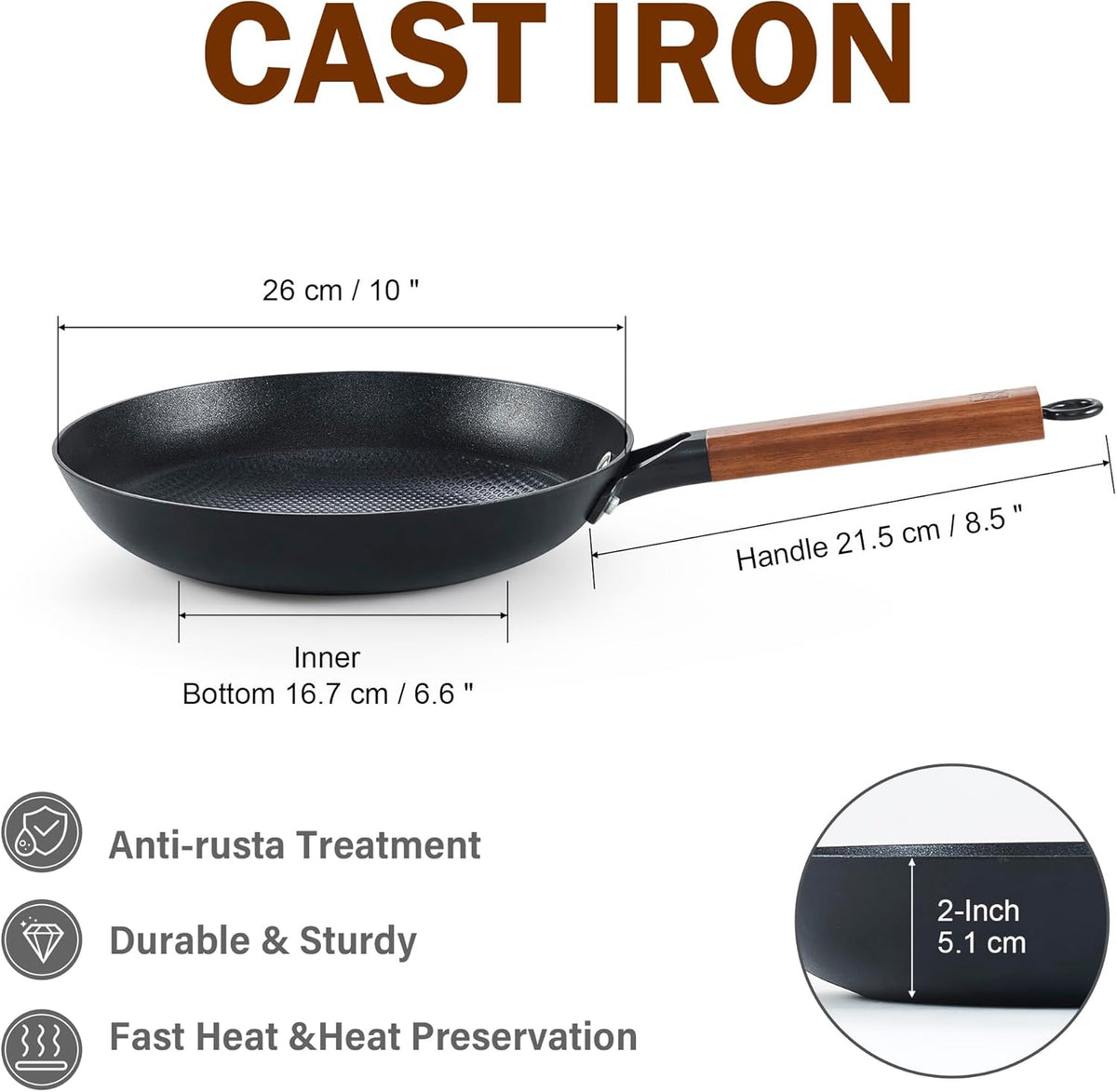 DM Cast Iron Skillet, 10 Inch Nonstick Frying Pan with Detachable Acacia Wooden Handle, Honeycomb Non stick Omelet Egg Pan, Easy Clean Oven Safe Pans for Cooking