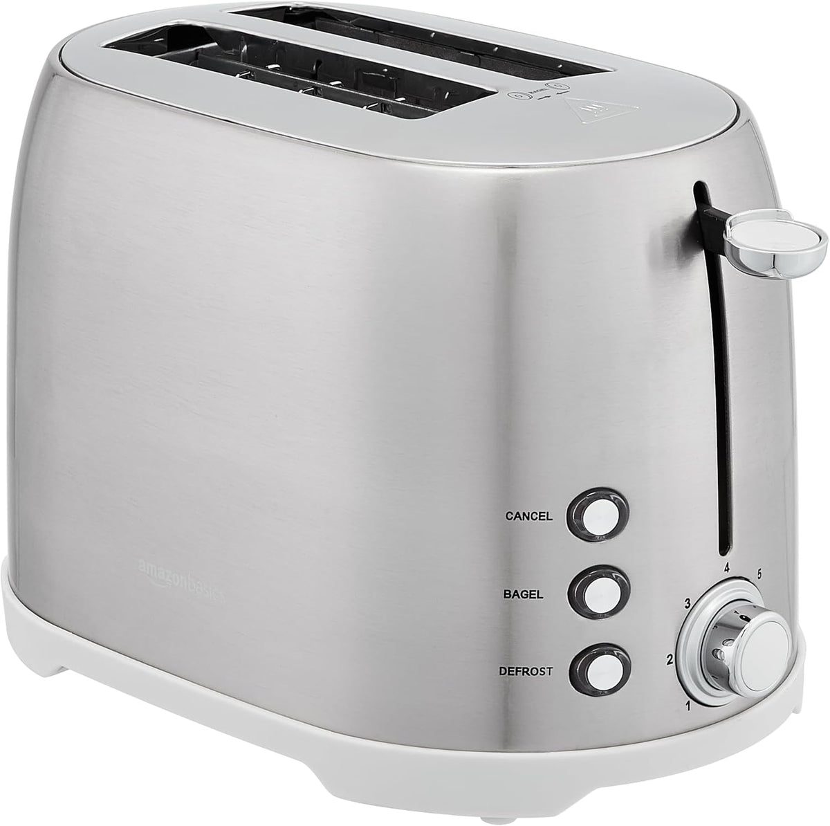 Amazon Basics 2 Slice Cool Touch Stainless Steel Toaster with 7 Browning Settings, Extra Wide Slots (for Bagels, Waffles, Specialty Breads), Removable Crumb Tray, Cancel Button, 800W, Brushed Silver