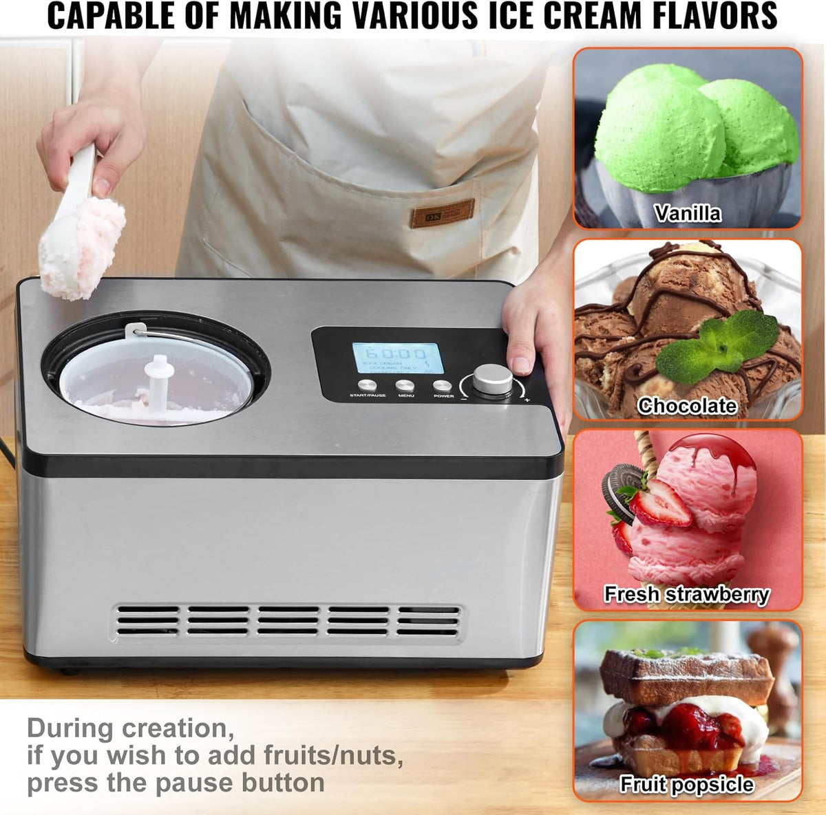 VEVOR Automatic Ice Cream Maker with Built-in Compressor, 2 Quart No Pre-freezing Fruit Yogurt Machine, Stainless Steel Electric Sorbet Maker, 3 Modes Gelato Maker with LCD Display & Timer, Silver