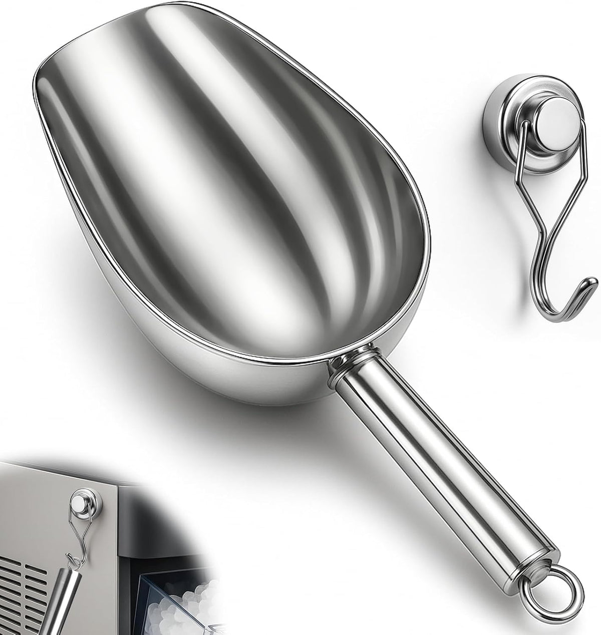 Stainless Steel Ice Scoop for Freezer with Magnetic Hook - Ice Scoop for GE Profile Opal 2.0 Nugget Ice Maker, for Kitchen Bar Party Accessories (Large)