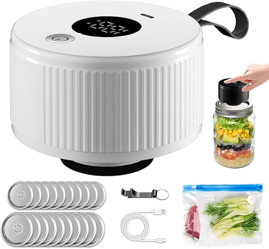 Electric Mason Jar Vacuum Sealer Kit, 3-in-1 Handheld Automatic Vacuum Sealer for Mason Jars, Canning Sealer Machine for Jars, Containers, Vacuum Bags | Present for Mom, White
