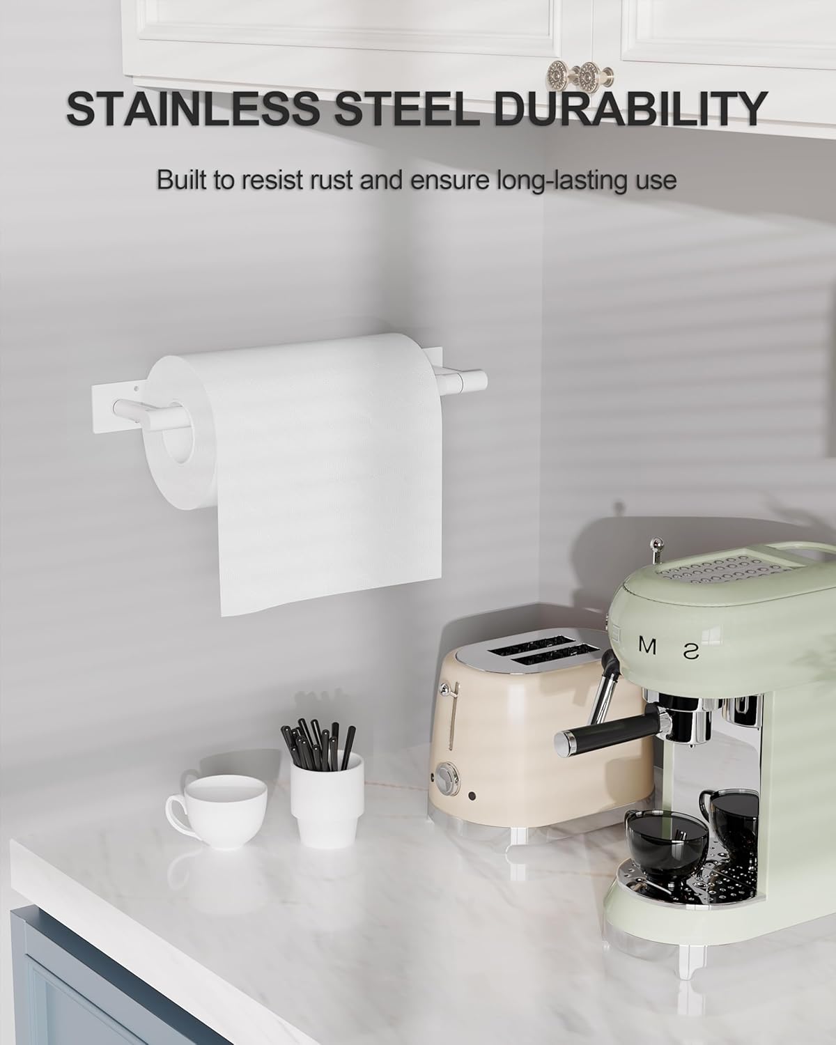 White Paper Towel Holder Under Cabinet, Self Adhesive or Wall Mounted SUS304 Stainless Steel Paper Towel Holder for Kitchen, Bathroom, Farmhouse, Barbecue and Laundry (White)